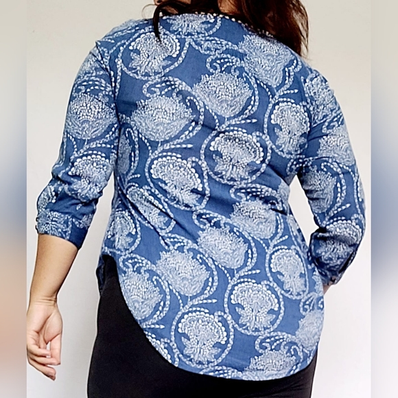 Lucky Brand Women's Boho Blouse Cotton/Rayon Beaded Blue/White Small - Picture 12 of 16